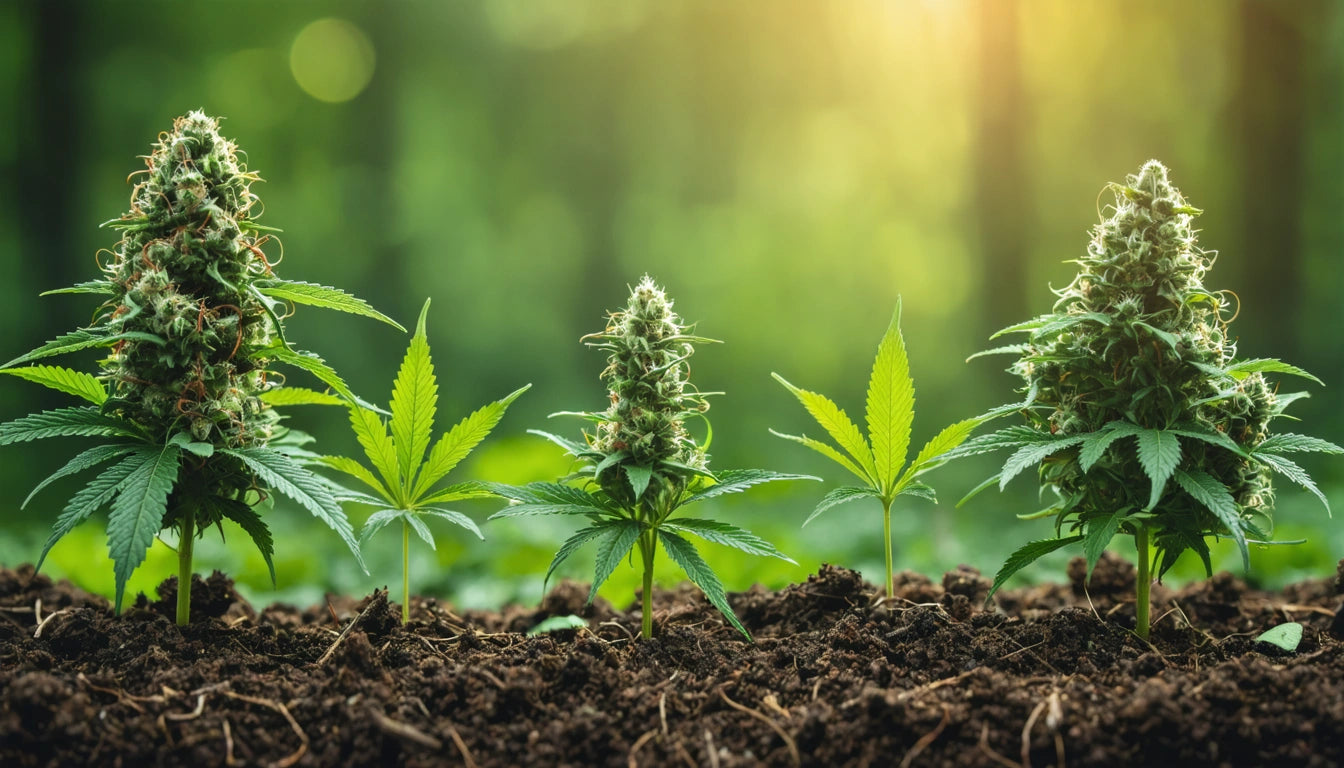 Four cannabis plants with green leaves and buds growing in soil, blurred green background with sunlight