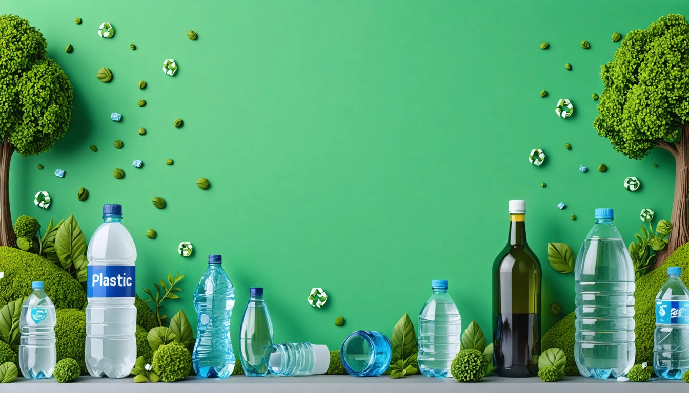 Plastic bottles and a glass bottle on a surface, surrounded by green plants and trees against a green background with recycling symbols