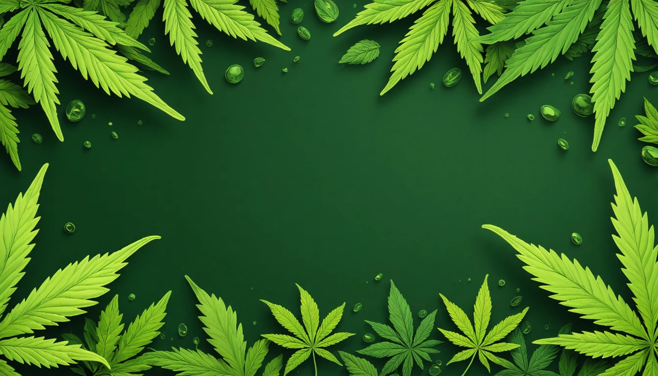 Green leaves with serrated edges border a dark green background, with scattered water droplets throughout