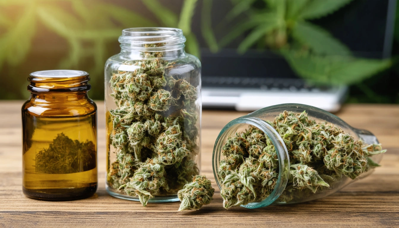 Two glass jars filled with green buds on a wooden surface, one jar upright, the other tipped over; blurred laptop in background