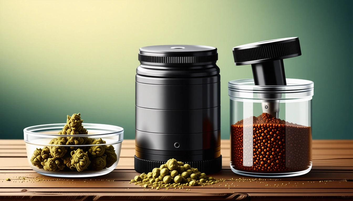 Glass bowl with green buds, black cylindrical container, and jar with red seeds on wooden surface, gradient background