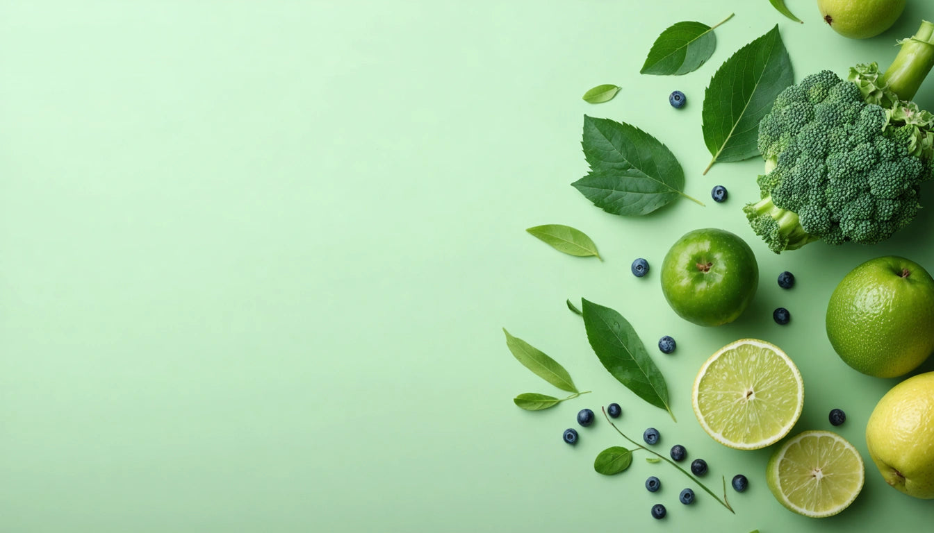 Broccoli, lime, green apple, leaves, and blueberries arranged on a light green background