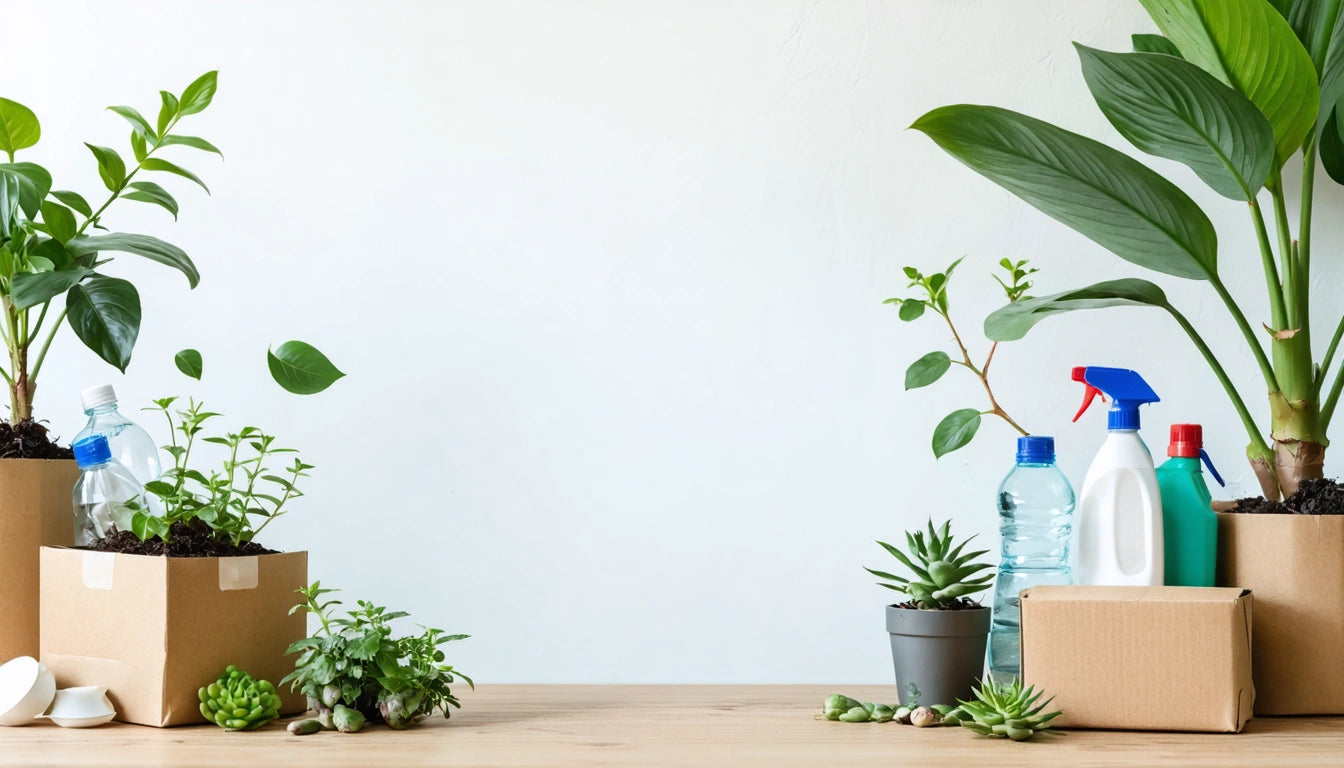 Potted plants and cleaning bottles on a wooden surface, with cardboard boxes and small succulents scattered around