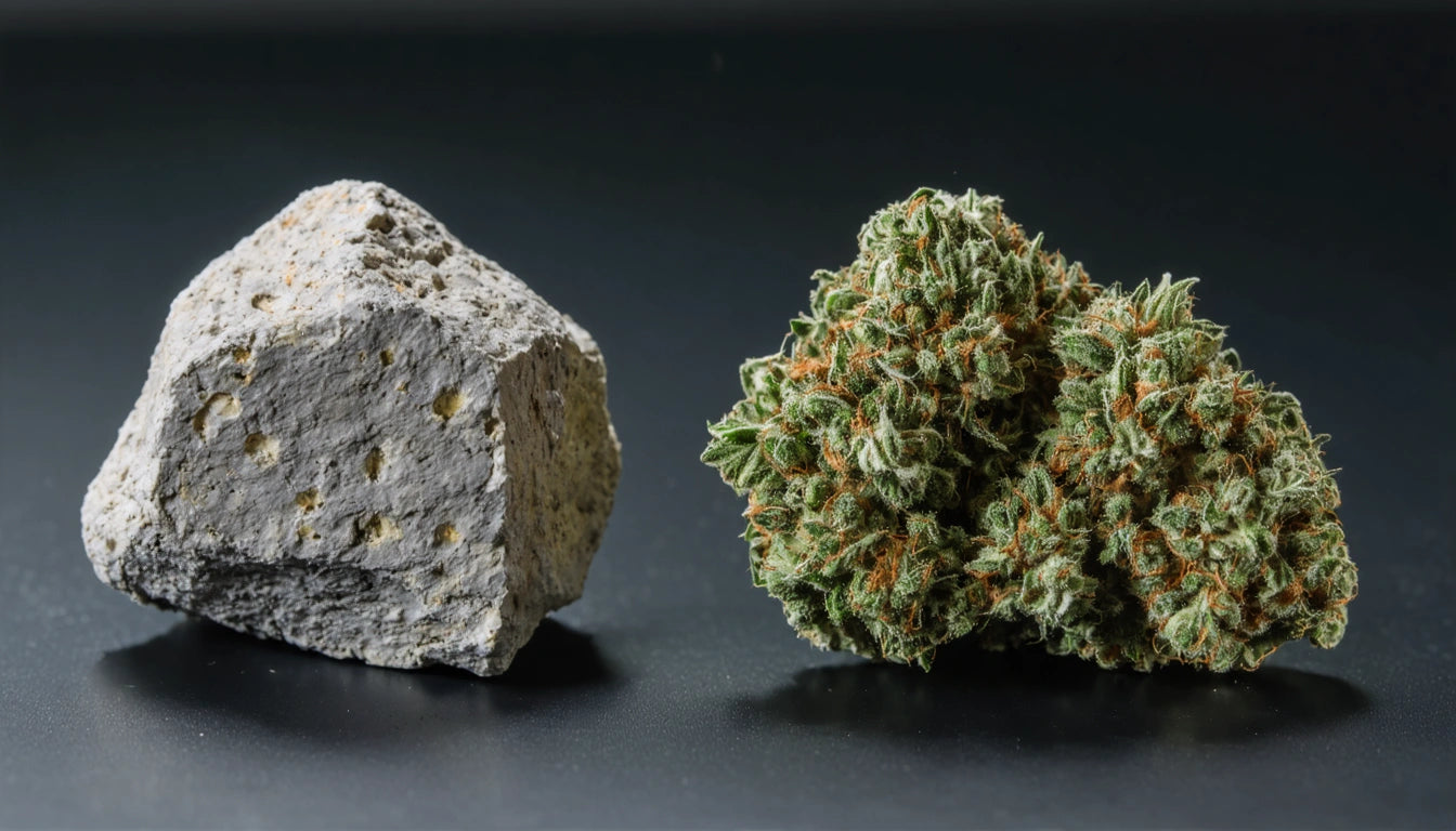 Gray porous rock and green, textured plant cluster on a dark surface