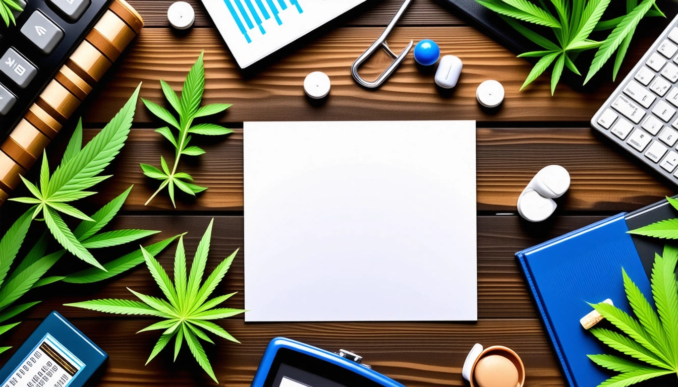 Blank white paper on wooden table, surrounded by cannabis leaves, pills, stethoscope, keyboard, and charts