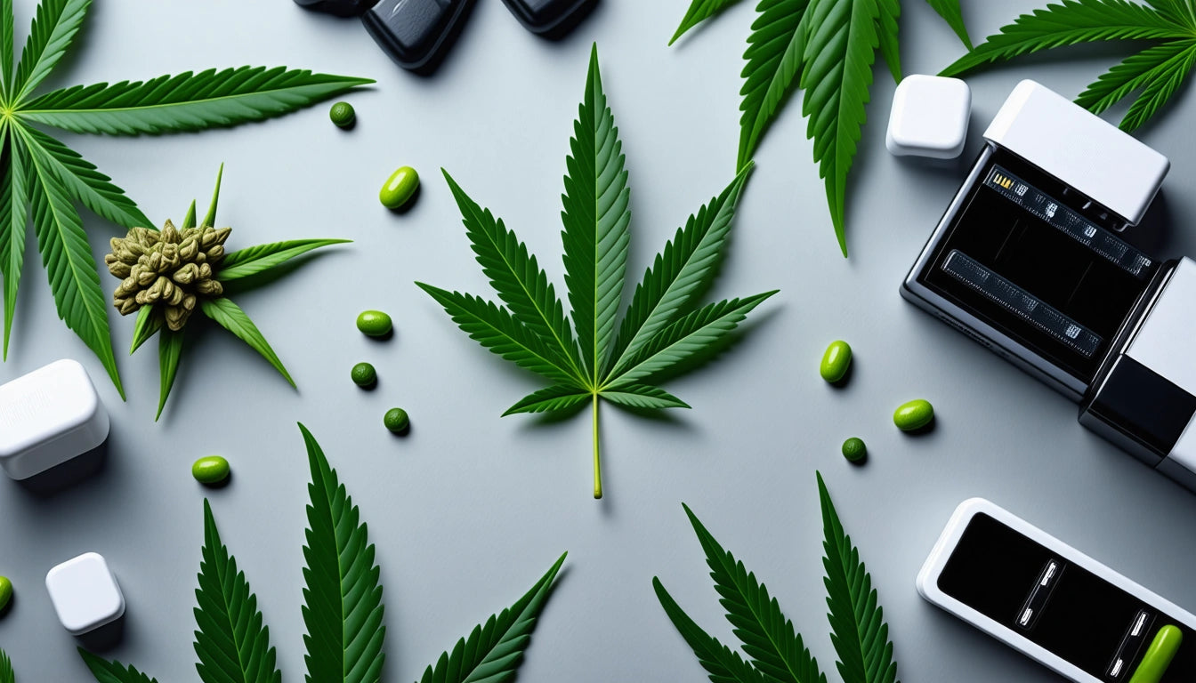 Green cannabis leaves, small green capsules, and black and white electronic devices on a light gray surface