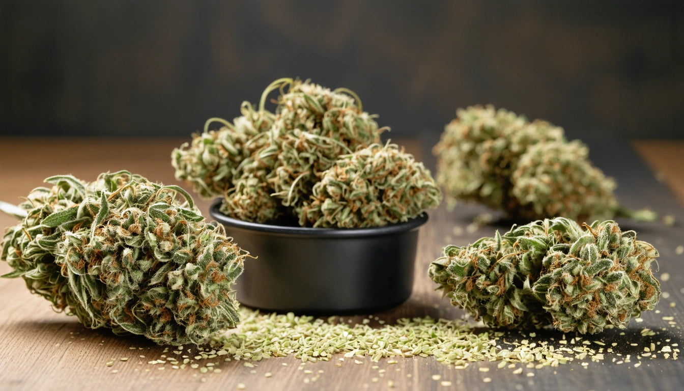 Dense green buds with orange hairs in a black bowl, surrounded by scattered seeds on a wooden surface