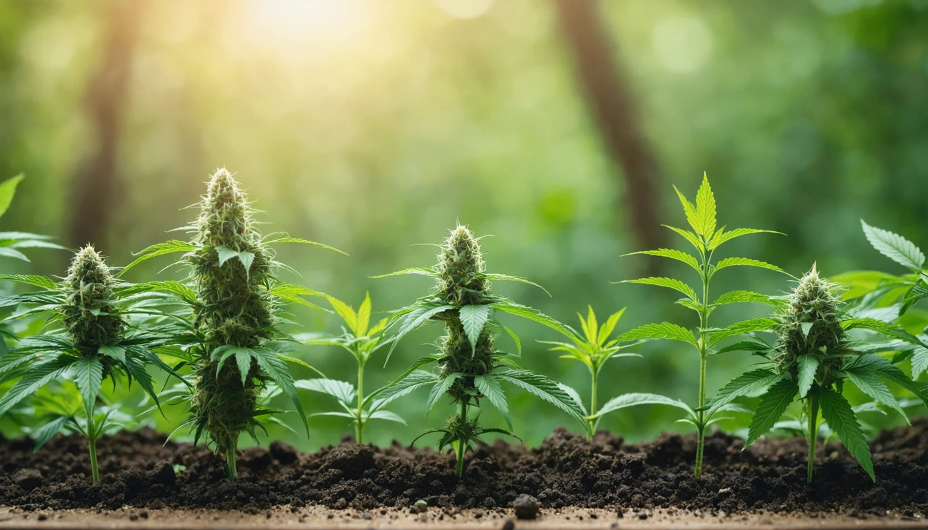 Green plants with serrated leaves and buds growing in soil, sunlight filtering through blurred green background