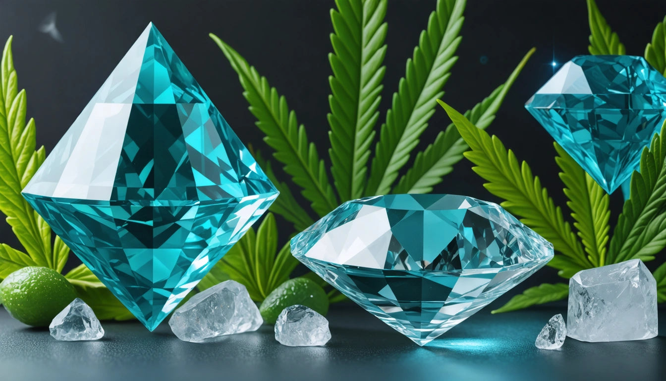 Blue gemstones and ice cubes on a dark surface, surrounded by green leaves and limes