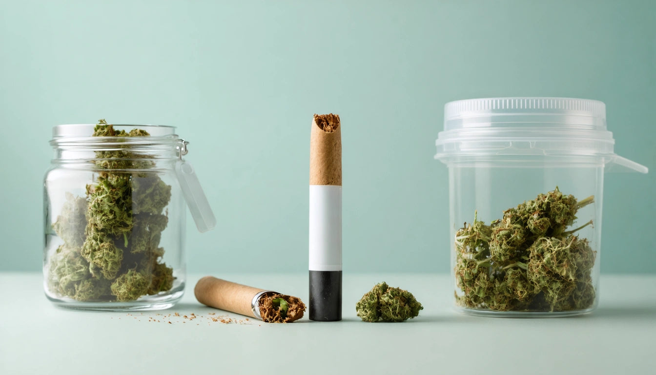 Two jars with green buds, a standing cigarette, and a broken cigarette on a light green surface