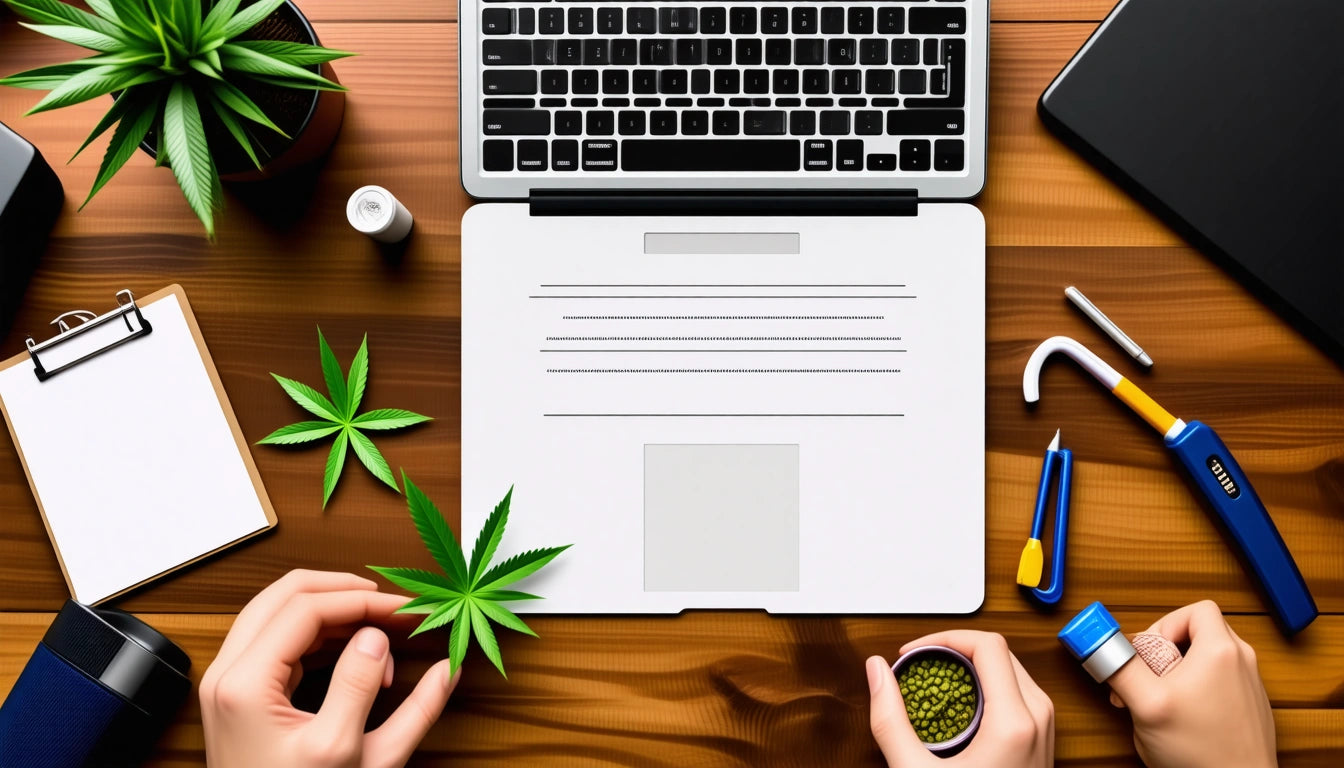 Hands holding green leaves near a laptop on a wooden desk, surrounded by a clipboard, lighter, and small container