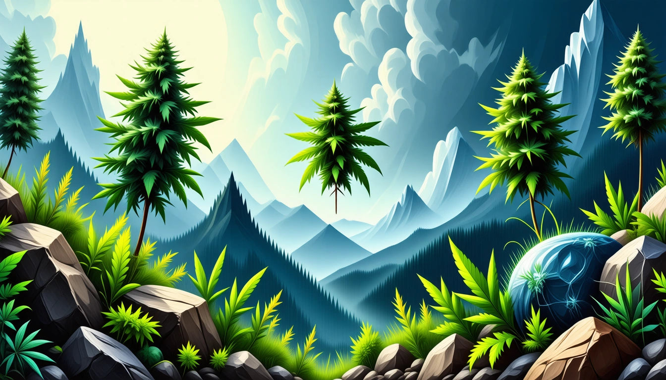 Lush green trees and plants on rocky terrain with blue mountains and cloudy sky in the background