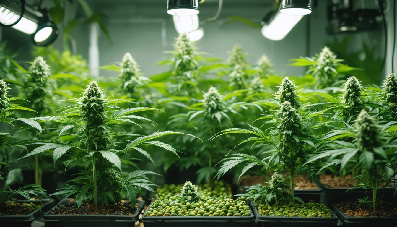 Tall green plants with dense leaves and buds in pots under bright overhead lights