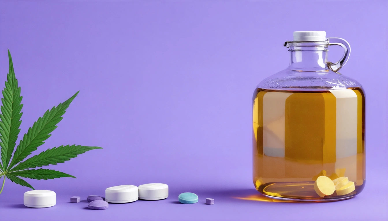 Glass jug with amber liquid, white cap, next to a green leaf and assorted pills on a purple background