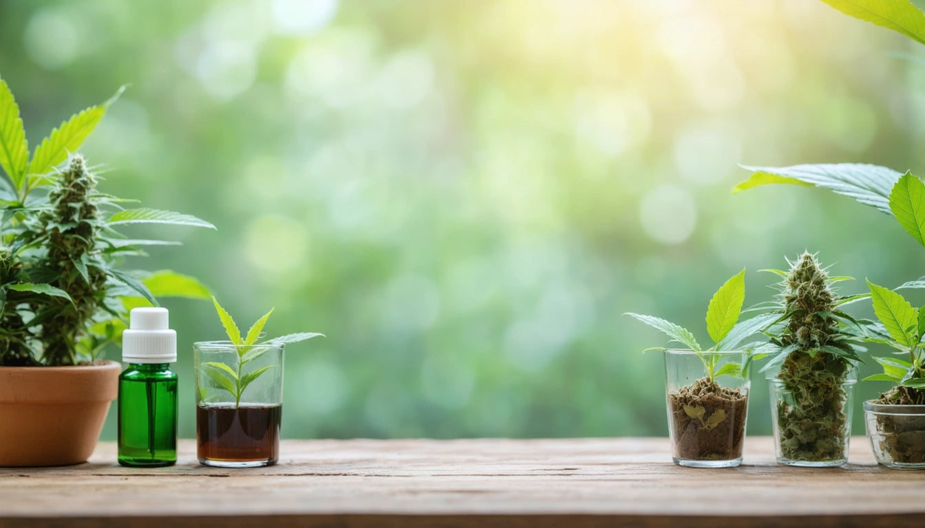 Potted plant, small bottles, and glass jars with green plants on wooden surface, blurred green background