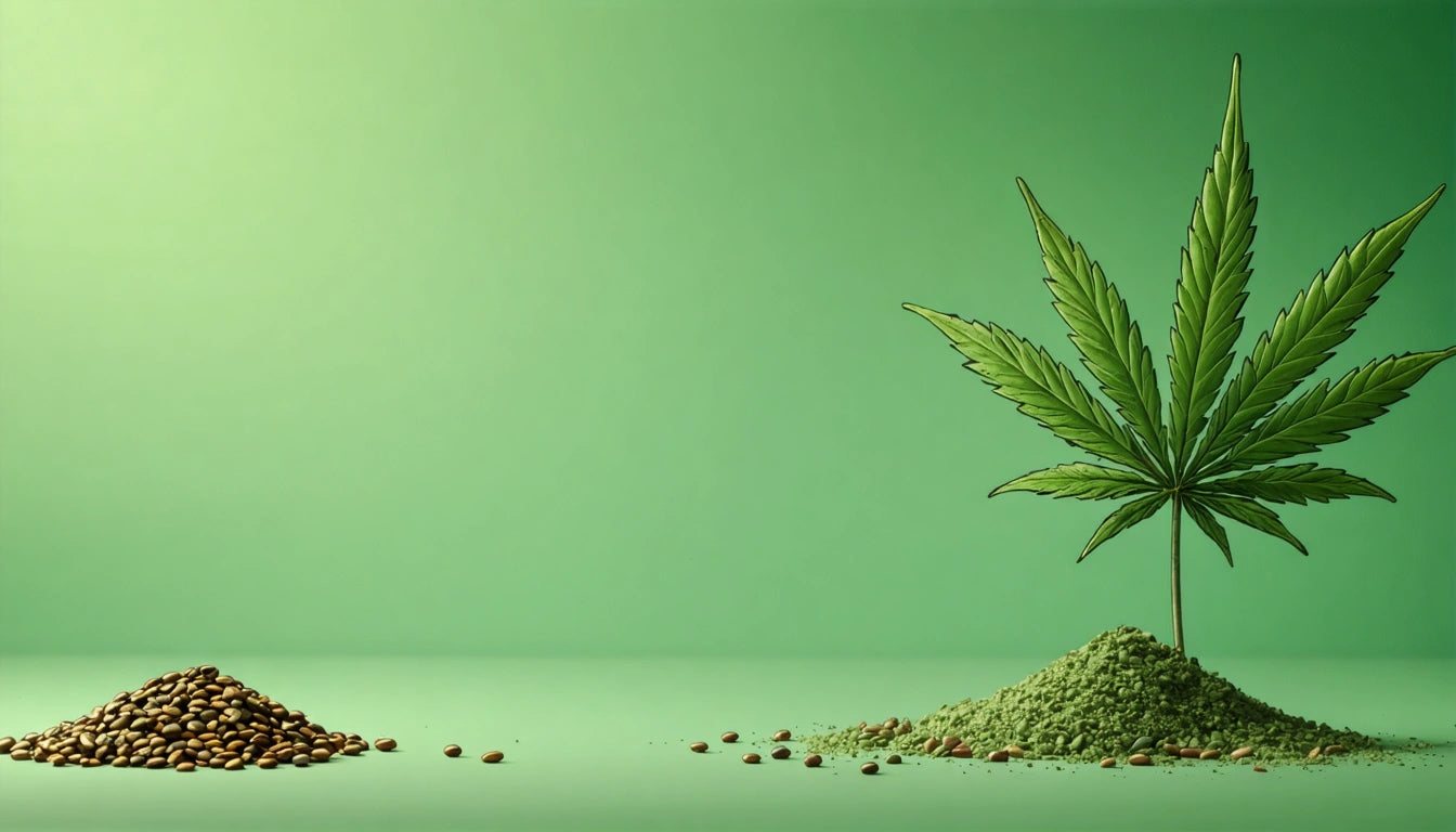 Two piles of seeds and green powder with a large leaf on a stem against a gradient green background