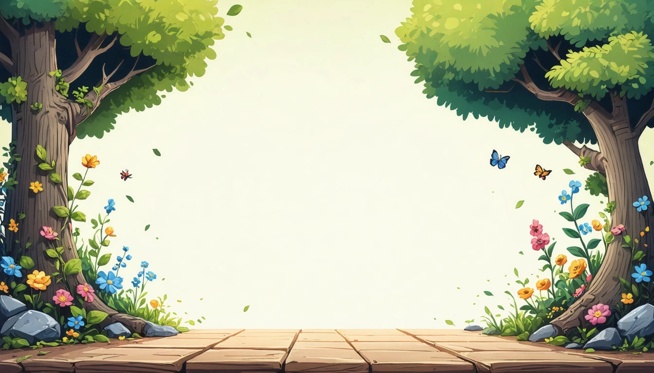 Wooden path bordered by colorful flowers and rocks, flanked by two leafy trees, with a blue butterfly in the sky