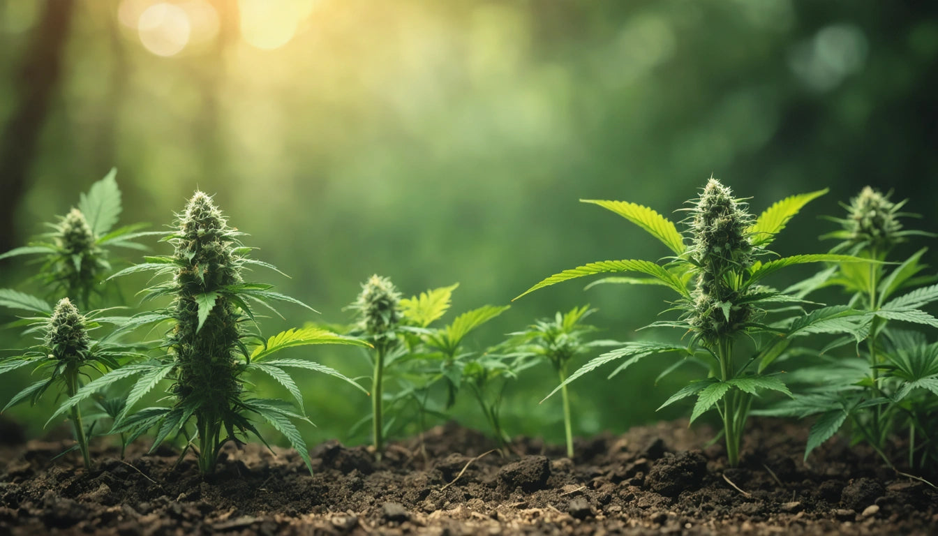 Green plants with spiky leaves and buds growing in soil, soft sunlight filtering through blurred green background