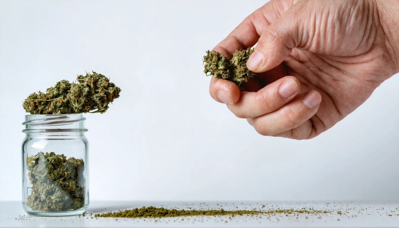 Hand holding a green, leafy bud above a glass jar, with scattered green material on a white surface