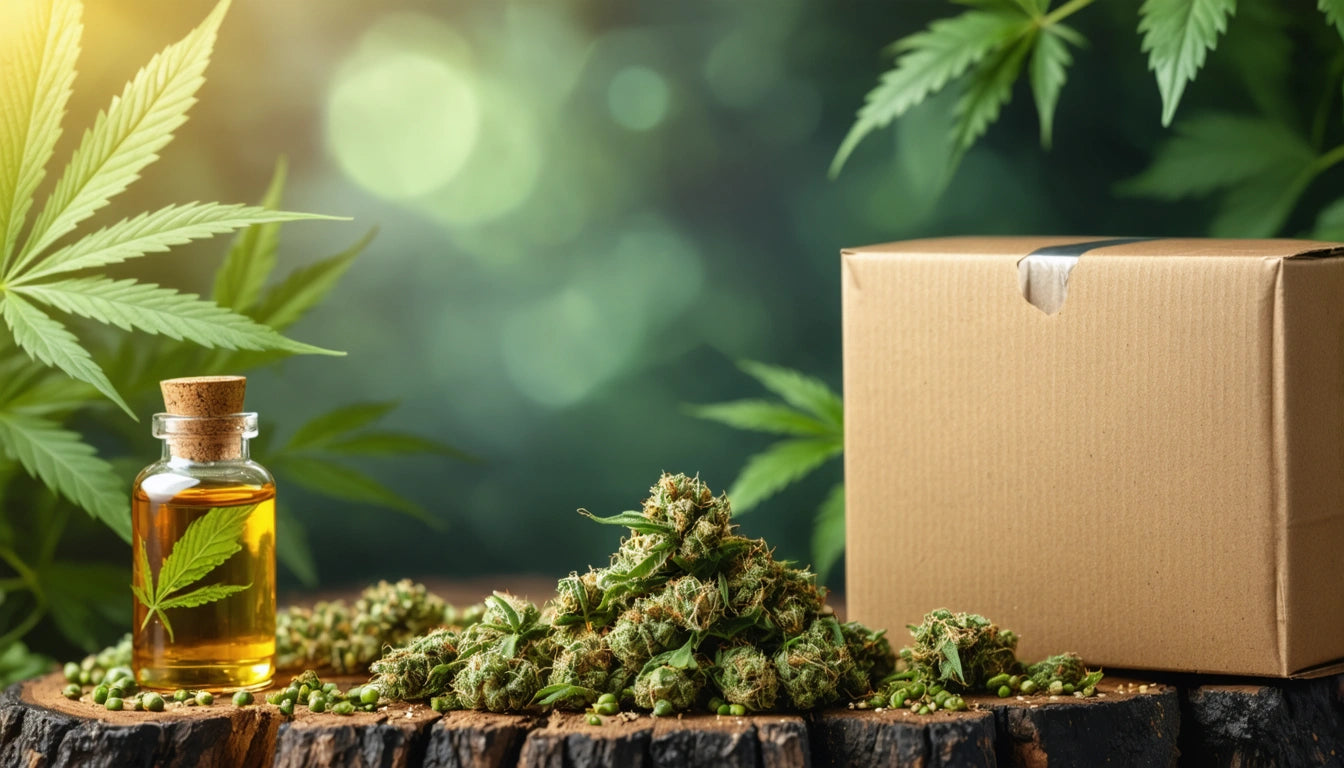 Glass bottle with amber liquid and leaf, pile of green buds on tree stump, cardboard box, blurred leafy background