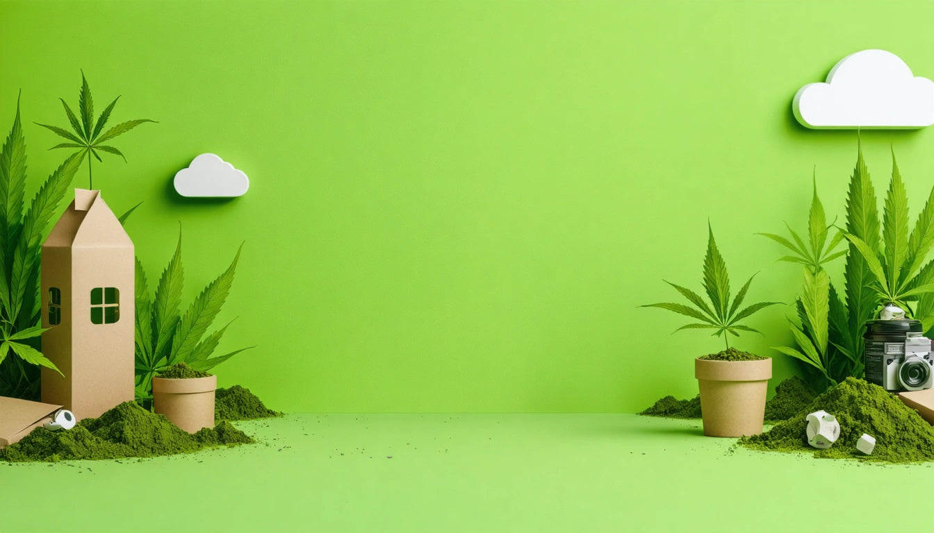 Cardboard house, potted plants, and camera on green background with small clouds