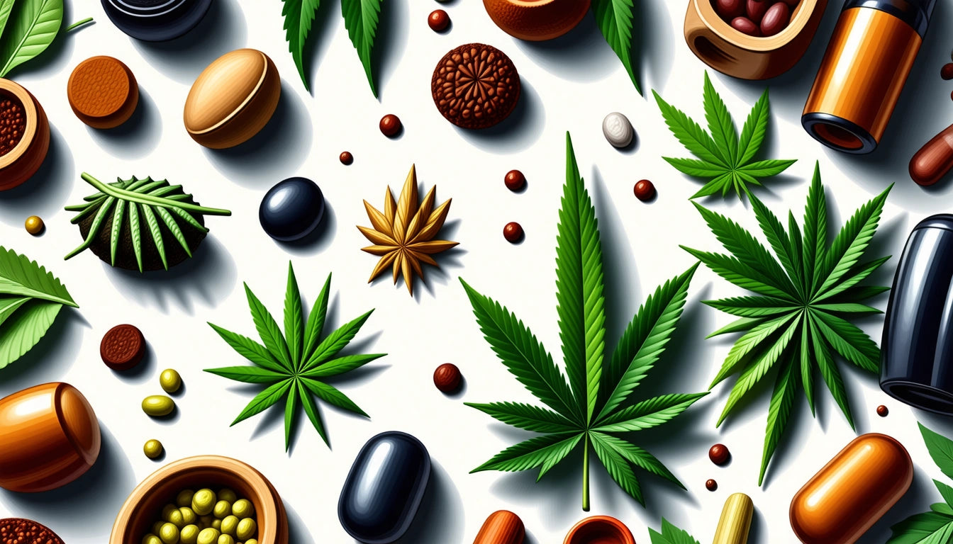 Green leaves, assorted capsules, and wooden bowls with seeds scattered on a white background