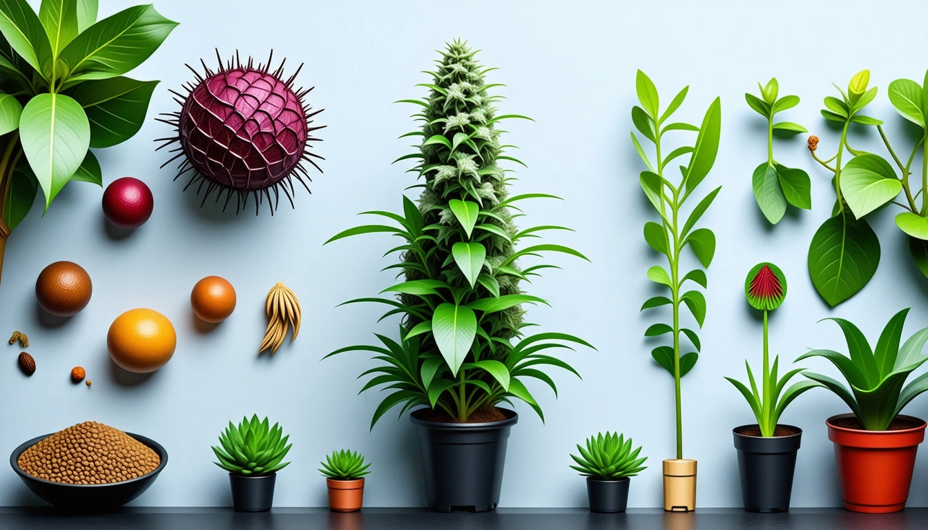 Various potted plants and colorful spherical objects against a light blue background, including a tall spiky plant in the center