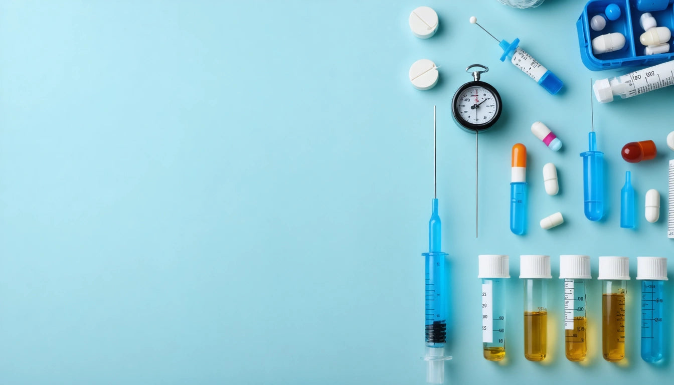 Syringes, pills, vials, and a stopwatch arranged on a light blue background