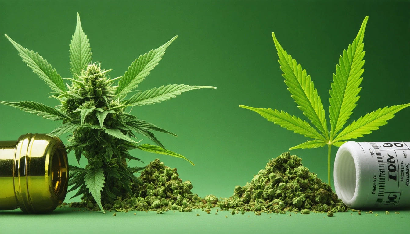 Two cannabis plants with green leaves, buds, and scattered dried cannabis near a golden container and a white prescription bottle