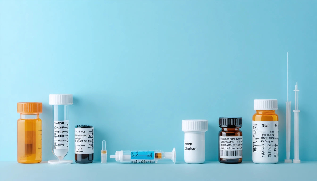 Various medicine bottles, syringes, and vials arranged in a row against a light blue background