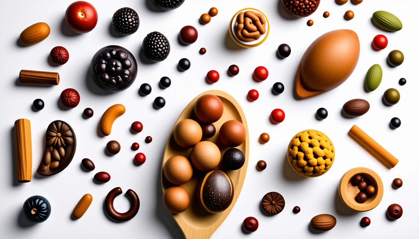 Assorted wooden bowls and trays with colorful round and oval objects, including berries and nuts, on a white surface