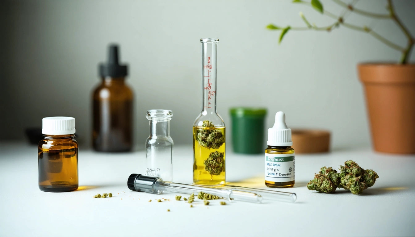 Various bottles and a dropper on a white surface, with green liquid and plant buds inside a beaker