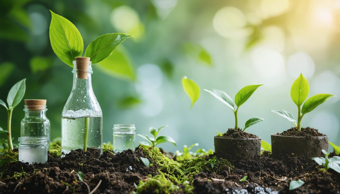 Glass bottles with water and small plants in soil, surrounded by moss, with blurred green foliage in the background