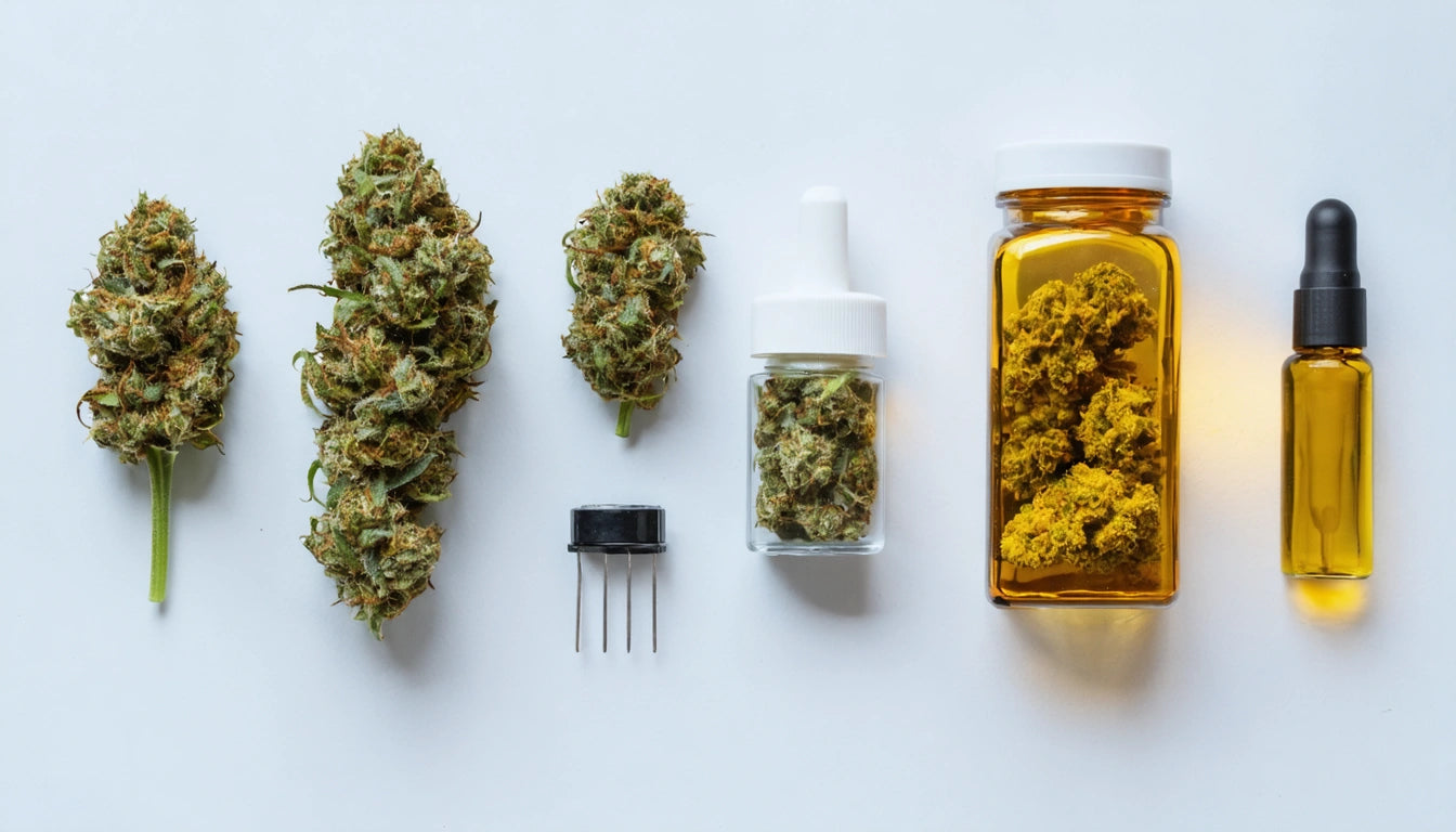 Cannabis buds, small jars with buds, a pill bottle, and dropper bottles arranged on a white background