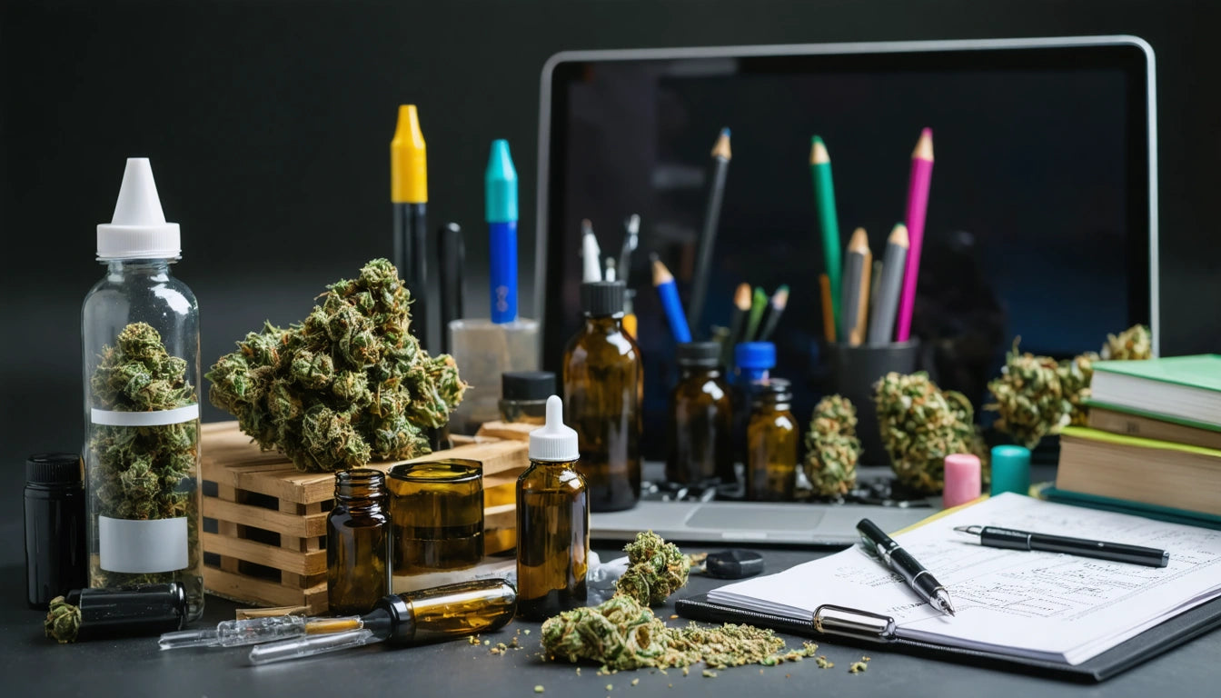 Laptop surrounded by cannabis buds, glass bottles, colored pencils, and notebooks on a dark surface