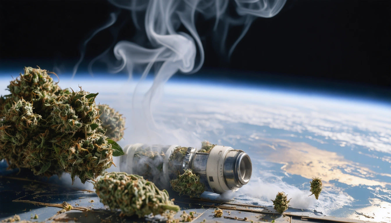 Smoke rising from a vape pen surrounded by cannabis buds on a reflective surface with Earth visible in the background