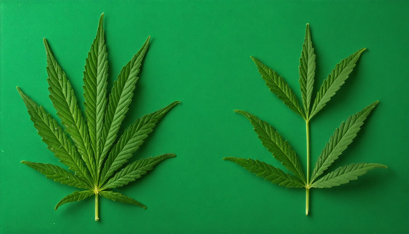 Two green leaves with serrated edges on a solid green background