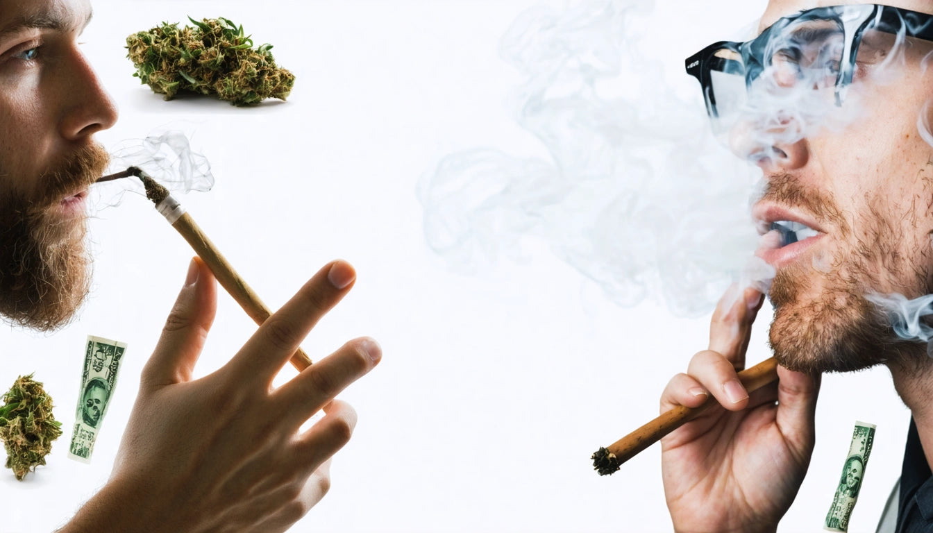 Two people smoking rolled items, one with sunglasses. Smoke and cannabis buds visible, dollar bills in the background