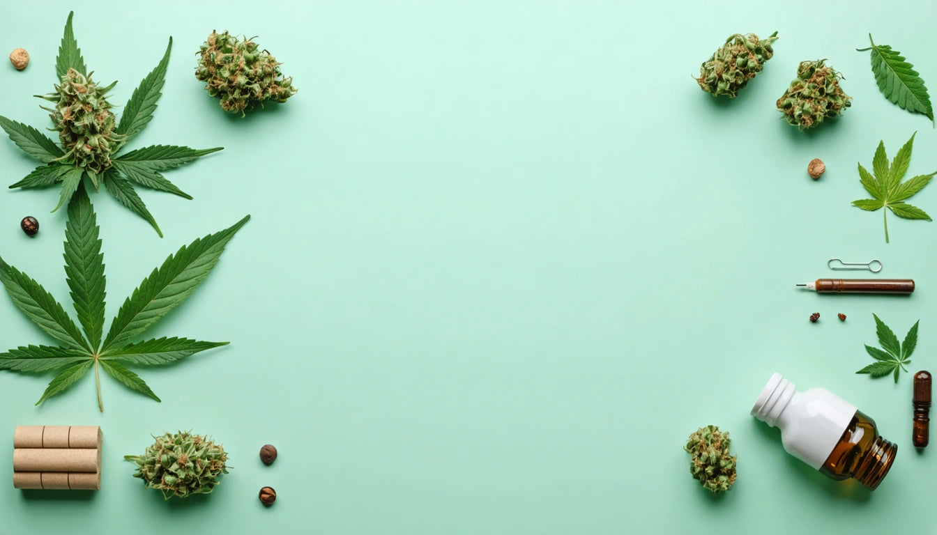 Cannabis leaves and buds arranged around a light green background, with a dropper bottle and small jars on the right