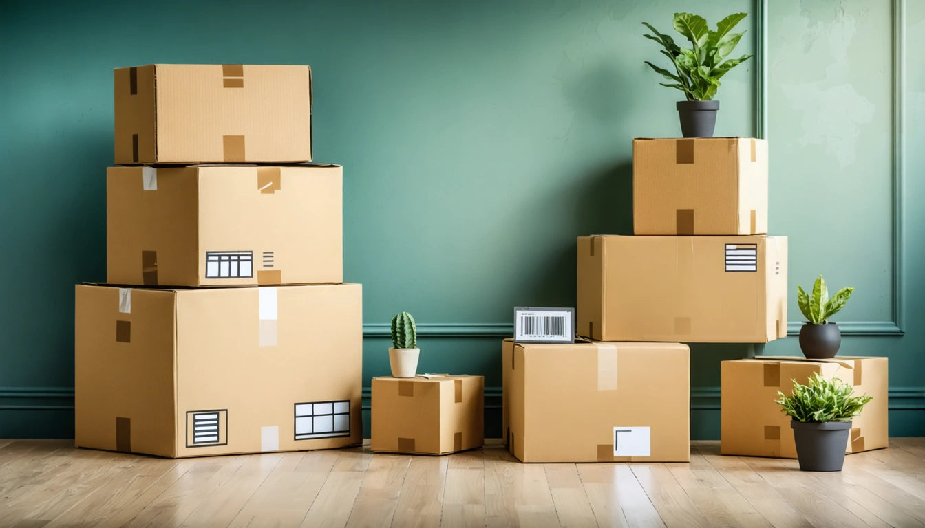 Cardboard boxes stacked against a green wall, with potted plants on top and beside them on a wooden floor
