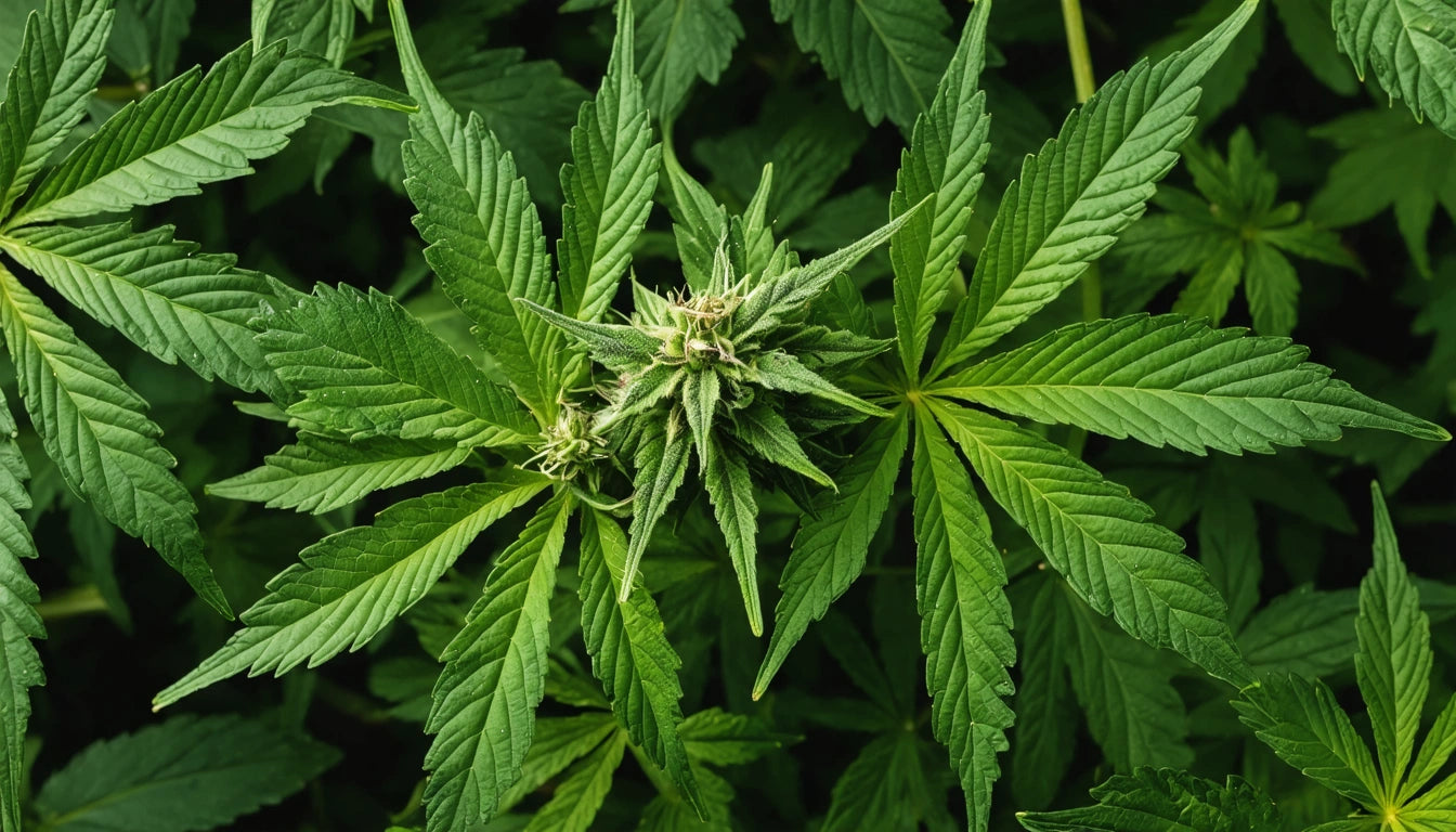 Green leaves with serrated edges and a cluster of small, pointed buds in the center