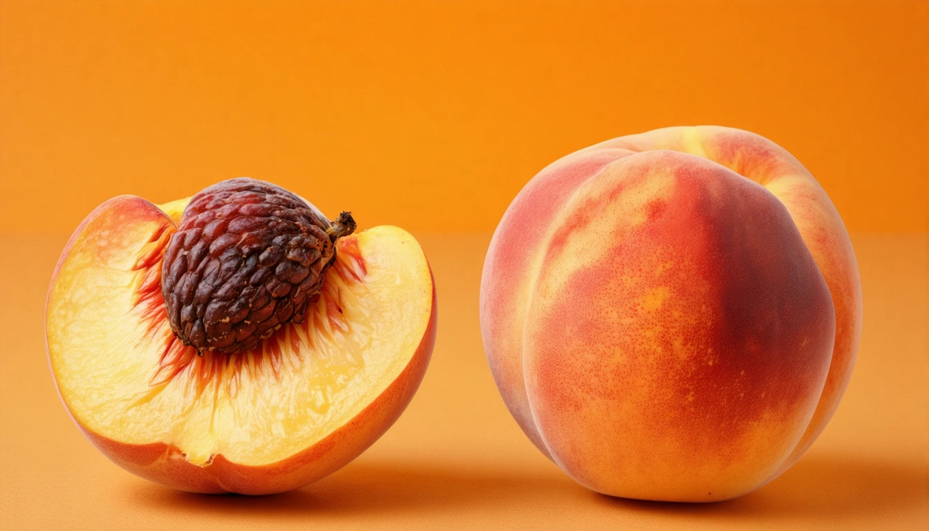 Half a peach with pit exposed next to a whole peach on an orange background