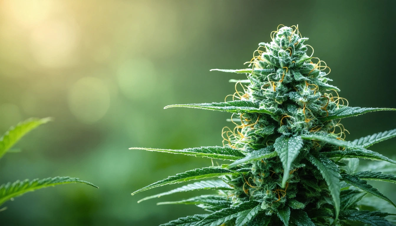 Green plant with spiky leaves and dense cluster of small, pointed buds, set against a blurred background with soft lighting