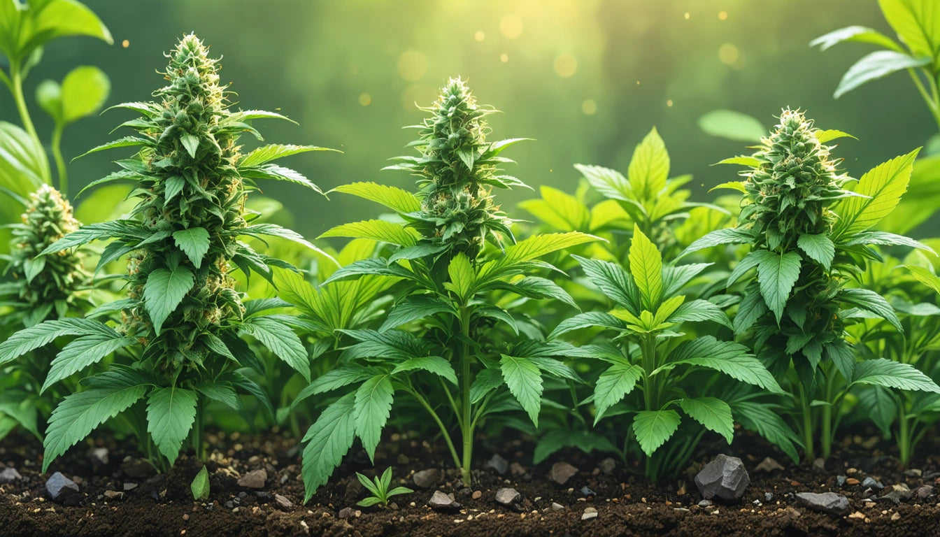 Green plants with jagged leaves and dense buds growing in soil, with a blurred green background and soft sunlight filtering through