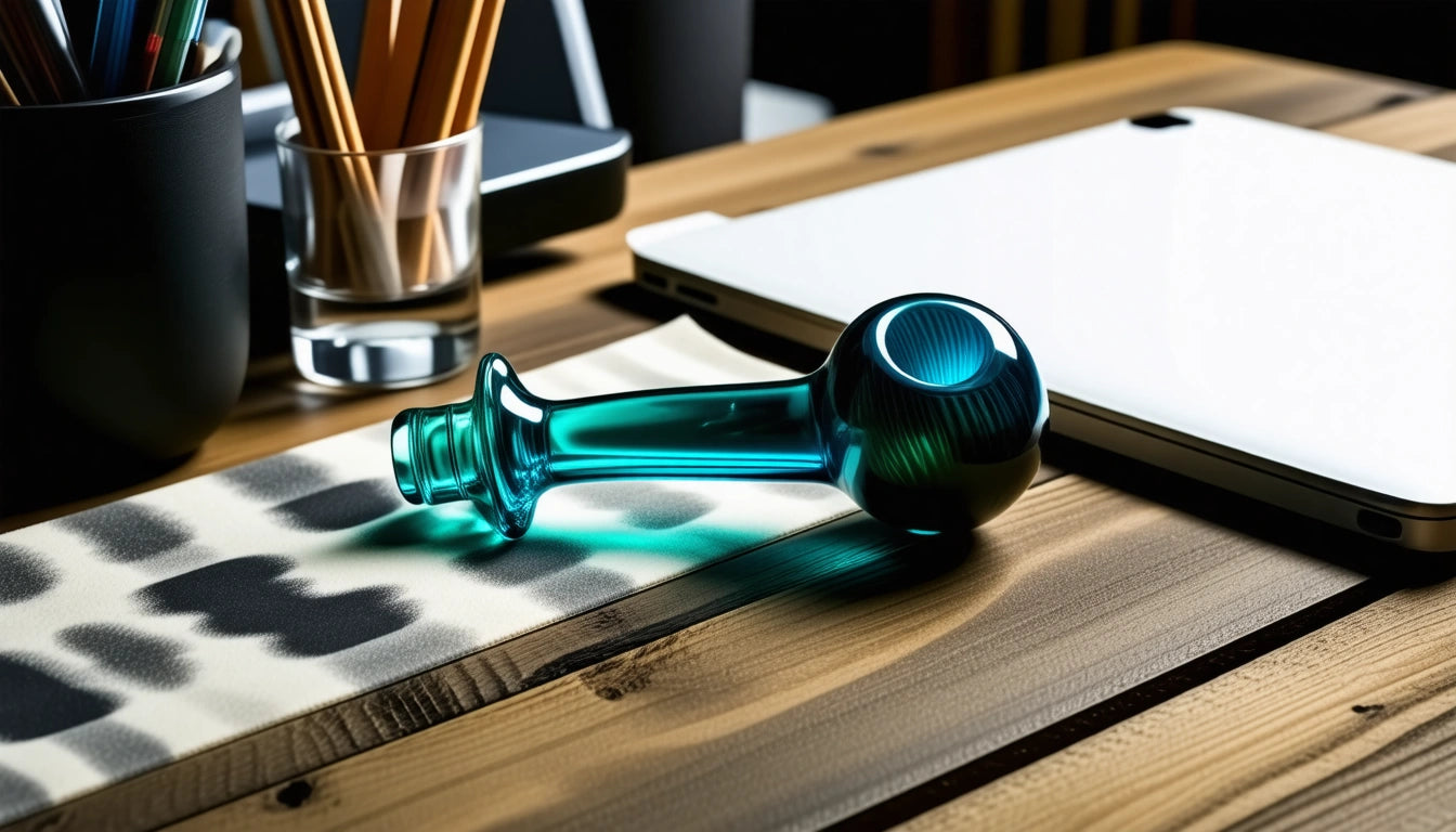 Blue glass object on wooden table, next to a closed laptop and a cup holding pencils