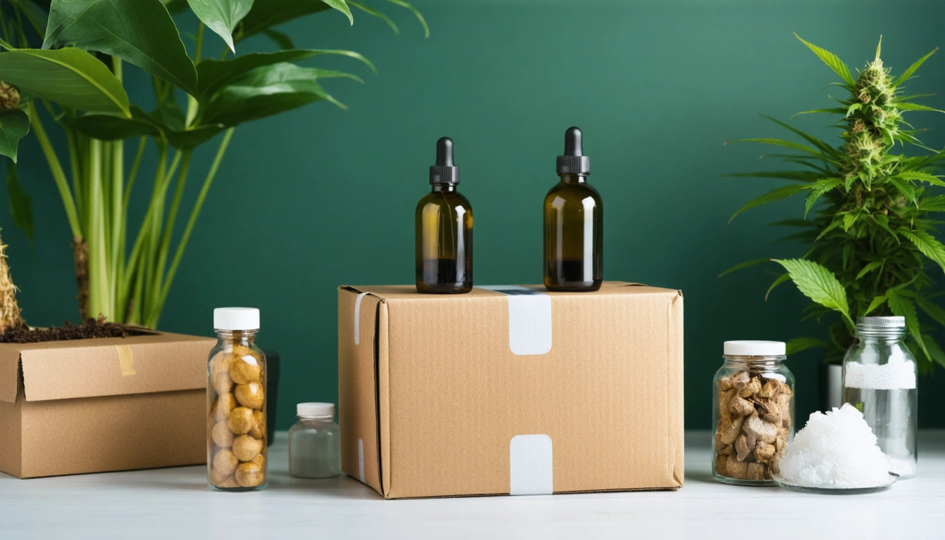 Two brown dropper bottles on a cardboard box, surrounded by jars of nuts and white crystals, with green plants in the background