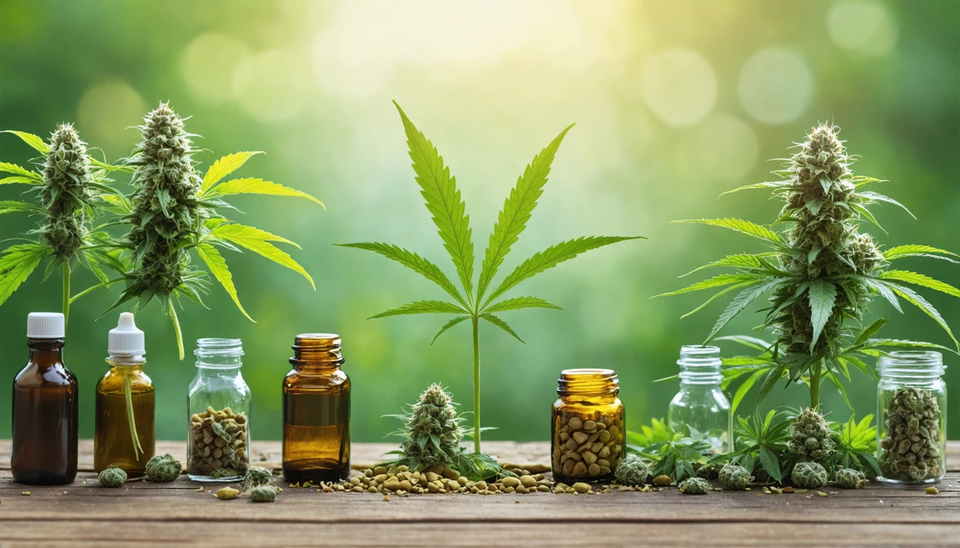 Glass jars and bottles with seeds and oil, flanked by cannabis plants on a wooden surface, blurred green background
