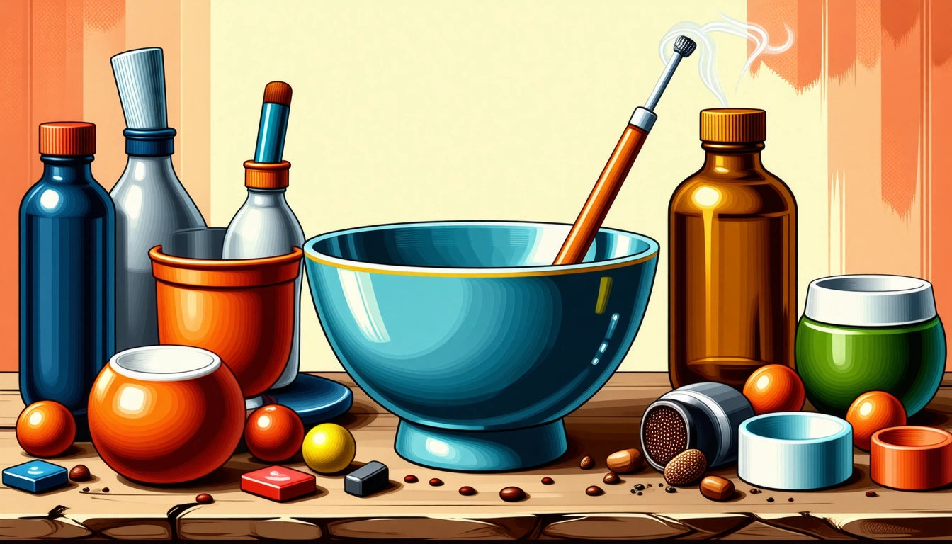 Colorful bowls, bottles, and containers on a wooden table; a smoking pipe rests in a blue bowl, surrounded by small objects