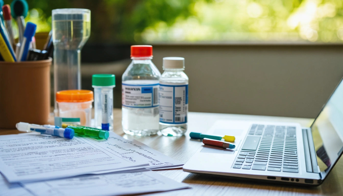 Laptop on wooden desk with documents, pens, syringes, and medication bottles; blurred greenery outside window