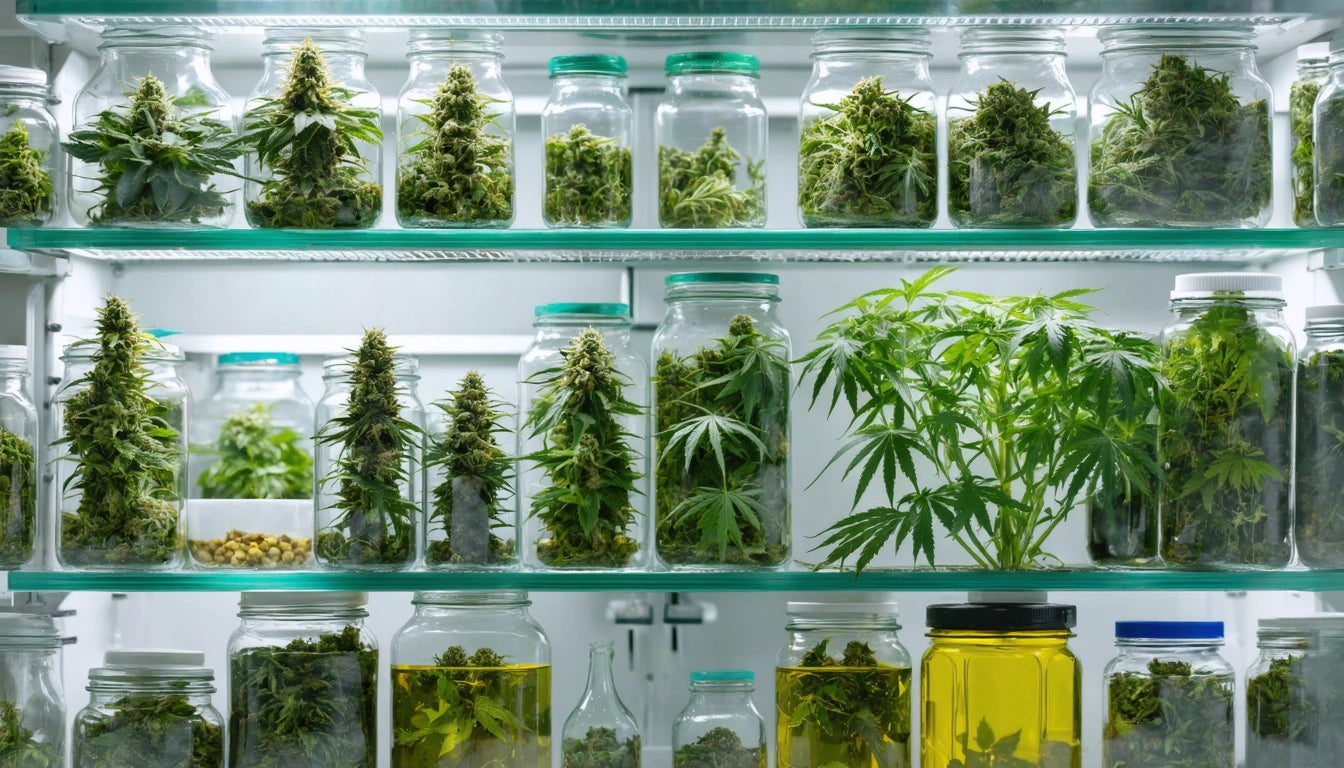 Glass jars filled with green plants and buds on shelves, with some jars containing liquid